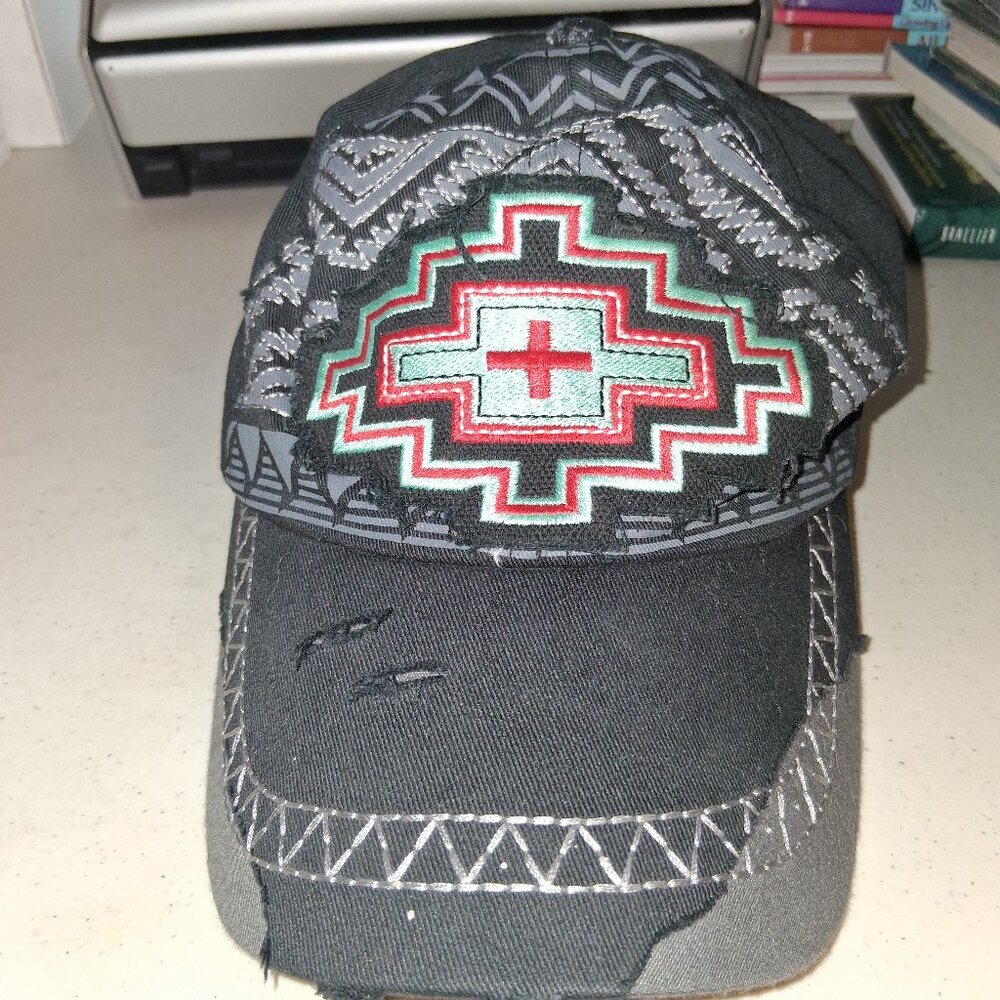 Cap Aztec Embroidered Southwest Style Black Strap back distressed Kbethos